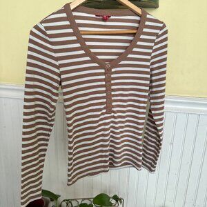 Guess Womens Brown & White Striped Ribbed Long Sleeve Henley Top M